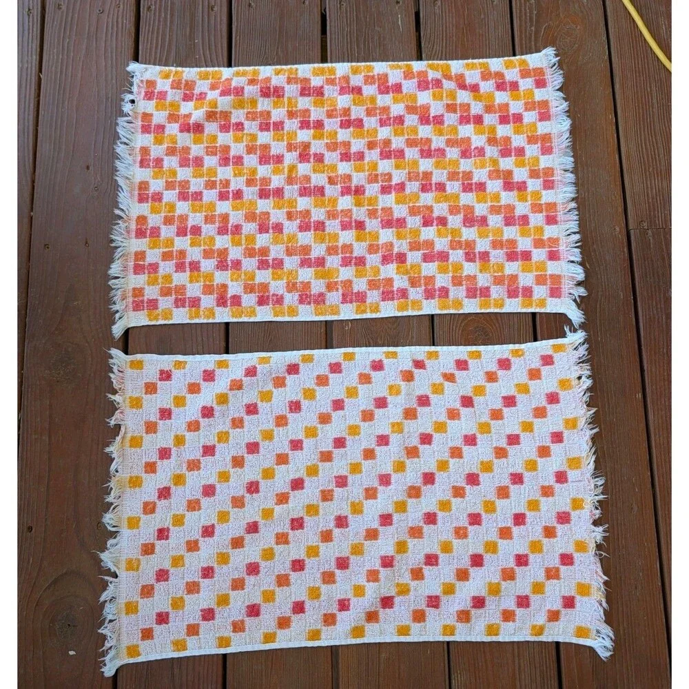 Vintage MCM 60s Hand Towels (2) Retro Red Orange Yellow Kitchen Bathroom 26x15.5